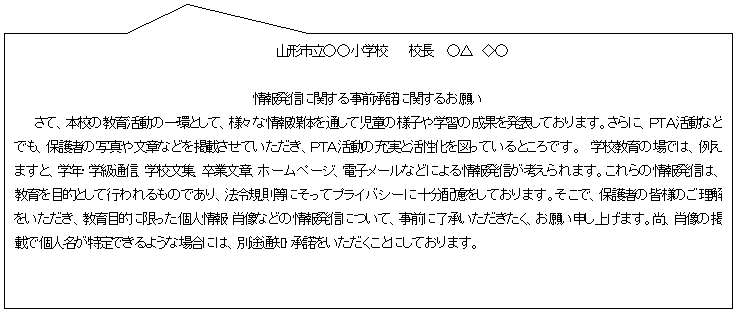 四角形吹き出し: 山形市立○○小学校 校長 ○△ ◇○
情報発信に関する事前承諾に関するお願い
さて、本校の教育活動の一環として、様々な情報媒体を通して児童の様子や学習の成果を発表しております。さらに、PTA活動などでも、保護者の写真や文章などを掲載させていただき、PTA活動の充実と活性化を図っているところです。 学校教育の場では、例えますと、学年・学級通信、学校文集、卒業文章、ホームページ、電子メールなどによる情報発信が考えられます。これらの情報発信は、教育を目的として行われるものであり、法令規則等にそってプライバシーに十分配慮をしております。そこで、保護者の皆様のご理解をいただき、教育目的に限った個人情報・肖像などの情報発信について、事前に了承いただきたく、お願い申し上げます。尚、肖像の掲載で個人名が特定できるような場合には、別途通知・承諾をいただくことにしております。